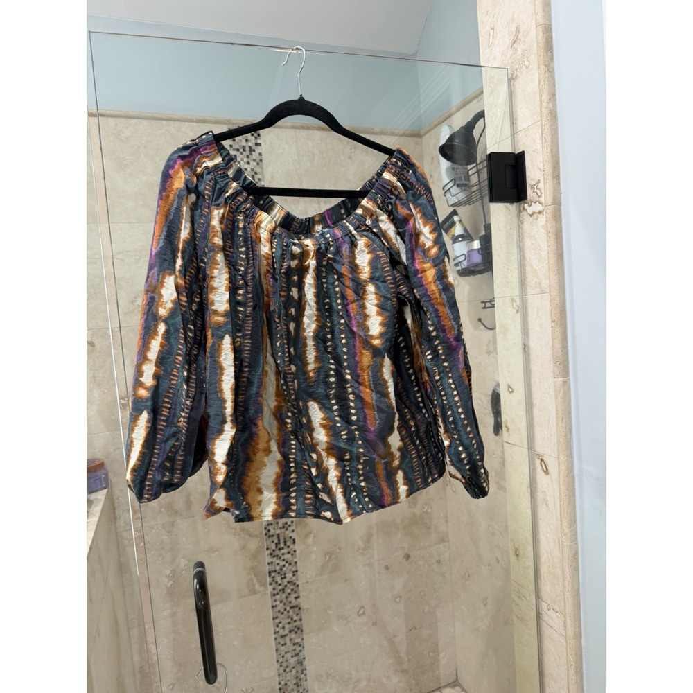 Dear John Aztec Boho Chic Off the Shoulder Top M Brown Blue DSH1415HED